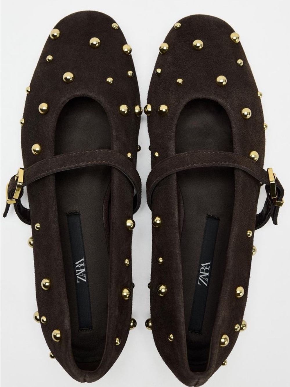 Zara Brown Suede Studded Mary Jane Flats size 9